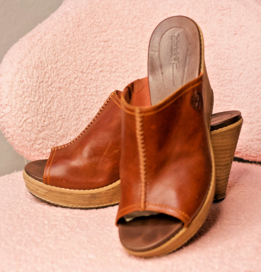 Timberland Womens EK Danforth Mule Brown Leather Open Toe Heels Size 8.5